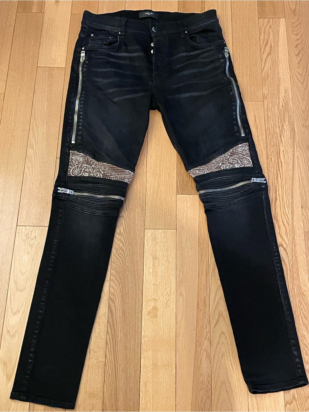 AMIRI Black Skinny Moto Jeans with Zip & Patterned Knee Insets
